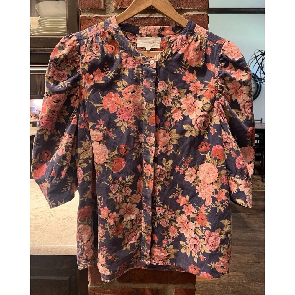 Dear John Womens Floral Short Puff Sleeve Button Down Top Sz XL Cottage Core